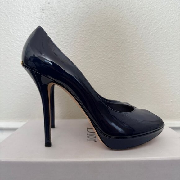 MISS DIOR Escarpin11 Patent Leather Navy Bleu fonce Veau Peep Toe Platform EU 40 - Picture 5 of 13